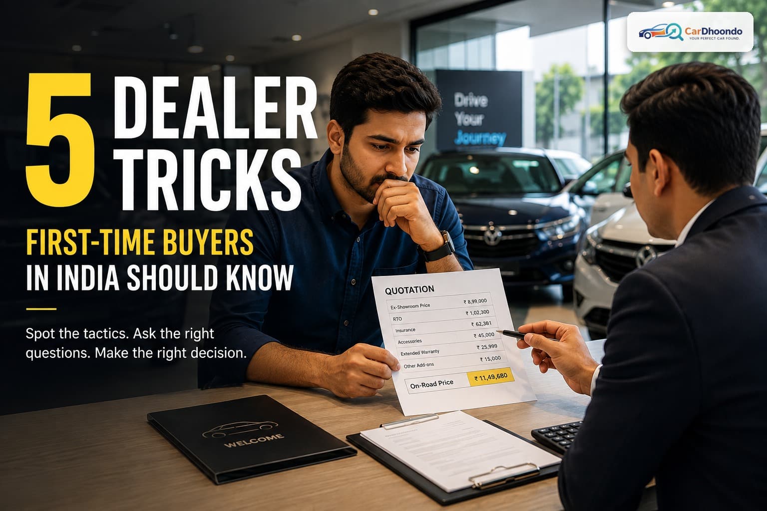 A first-time car buyer studies a dealership quotation with a salesperson across the desk — 5 Dealer Tricks First-Time Buyers in India Should Know