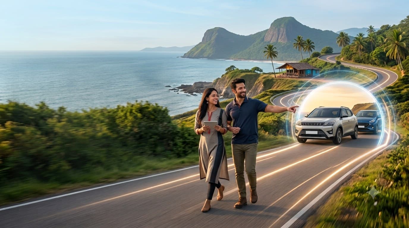 A couple stands on a coastal road as CarDhoondo highlights one clear, confidently recommended car.